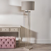 Langston Nickel Metal Column Floor Lamp Base with Lino 45cm Grey Self Lined Linen Cylinder Lampshade