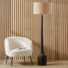 Marin Black Wood Tall Neck Floor Lamp Base with Edward 45cm Natural Linen Cylinder Lampshade