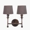 Piero Antique Bronze Metal Double Wall Light with Pelham 15cm Grey Handloom Tapered Lemon Clip Lampshades