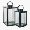 S/2 Black Metal and Ribbed Glass Lanterns