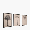 S/3 Natural and Black Palm Tree Print Canvases with Black Frames