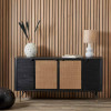 Fiji Black Acacia Wood and Natural Rattan 4 Door Sideboard