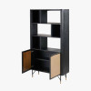 Fiji Black Acacia Wood and Natural Rattan 2 Door 6 Niche Shelf Unit